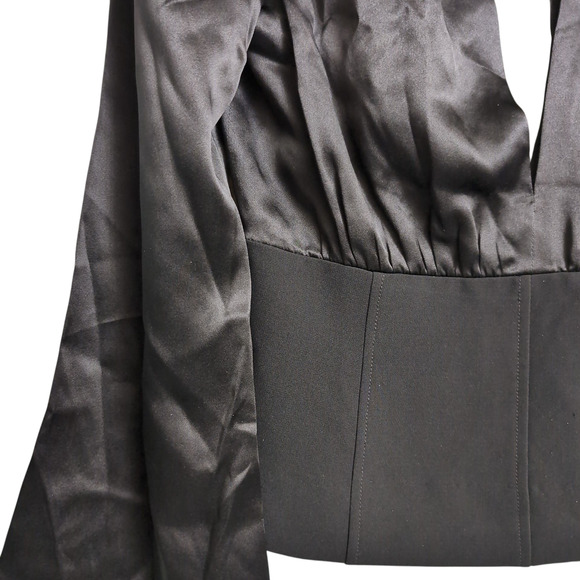 Cinq à Sept Black Satin Plunge Neck Peplum Blouse Bell Sleeves Top | Size 8 - Picture 2 of 8